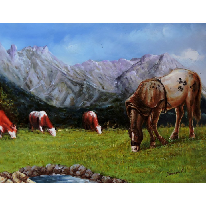 Ölbild Kühe Pferde Saalfelden Berglandschaft Ölgemälde HANDGEMALT 60x100cm 