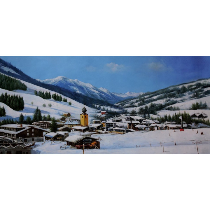 Ölbild Saalbach Hinterglemm Winterlandschaft Ölgemälde HANDGEMALT 50x110cm