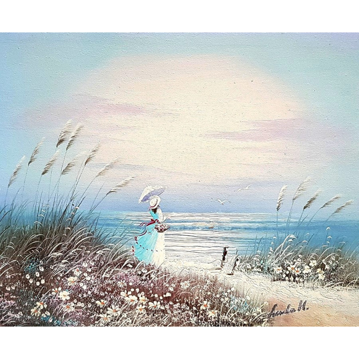 Lady am Strand- handgemaltes Ölbild in 38x33cm