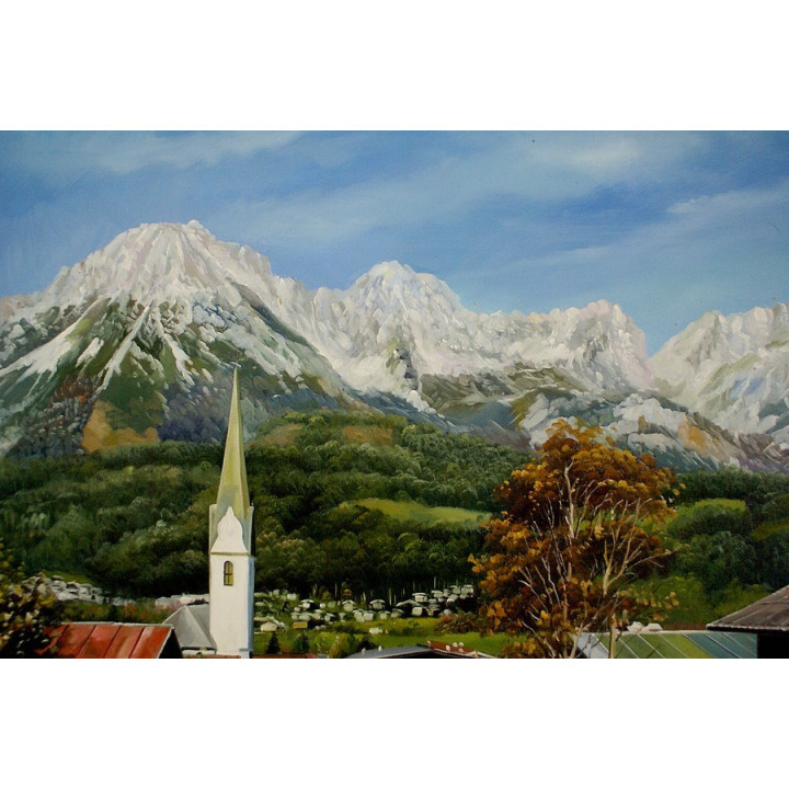 Going in Tirol mit Blick auf den Wilden Kaiser - Ölgemälde
