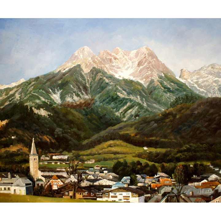 Saalfelden im Pinzgau mit Steinerne Meer - Sicht vom Biberg  - Ölgemälde