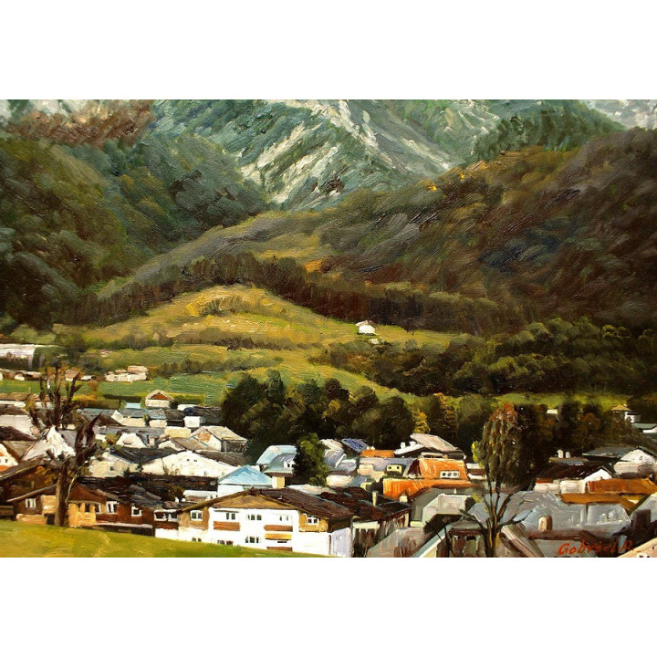 Saalfelden im Pinzgau mit Steinerne Meer - Sicht vom Biberg  - Ölgemälde