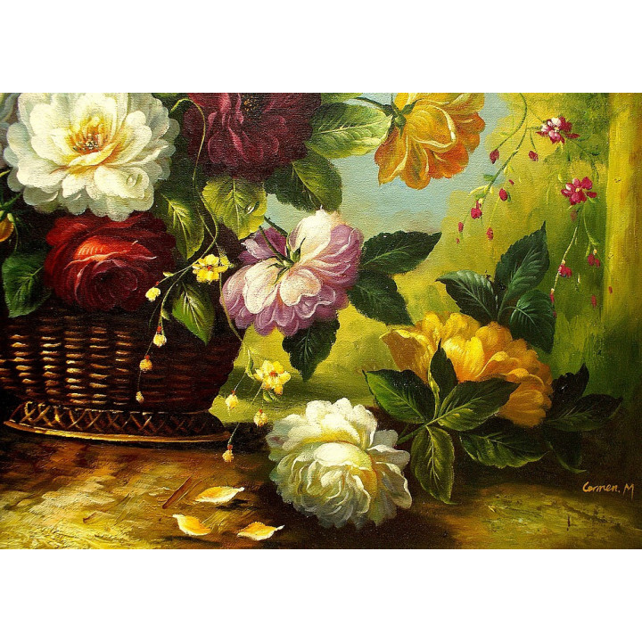 Blumengemälde - Rosen, Blumenkorb Ölgemälde - 60x90cm