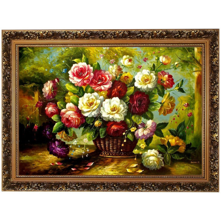Blumengemälde - Rosen, Blumenkorb Ölgemälde - 60x90cm