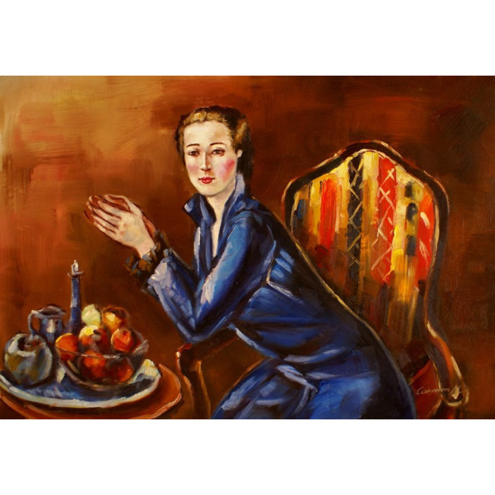 Faistauer Anton - Dame in blauen Kleid - handgemaltes Ölbild in 50x70cm